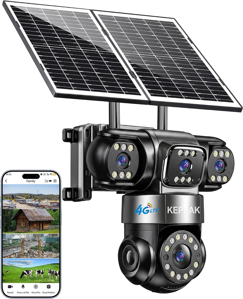 KEPEAK 4G LTE Cellular Solar Security Camera Wireless Outdoor, 4 Lens No WiFi Solar Powered Camera, Color Night Vision, PIR Motion Sensor, 2 Way Talk, Built in SIM Card