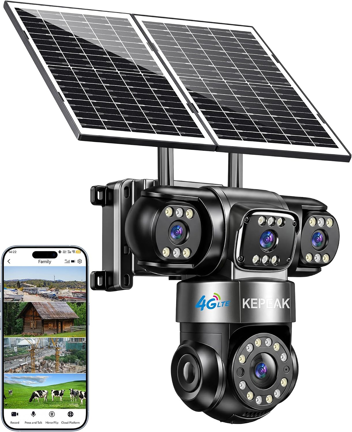 KEPEAK 4G LTE Cellular Solar Security Camera Wireless Outdoor, 4 Lens No WiFi Solar Powered Camera, Color Night Vision, PIR Motion Sensor, 2 Way Talk, Built in SIM Card