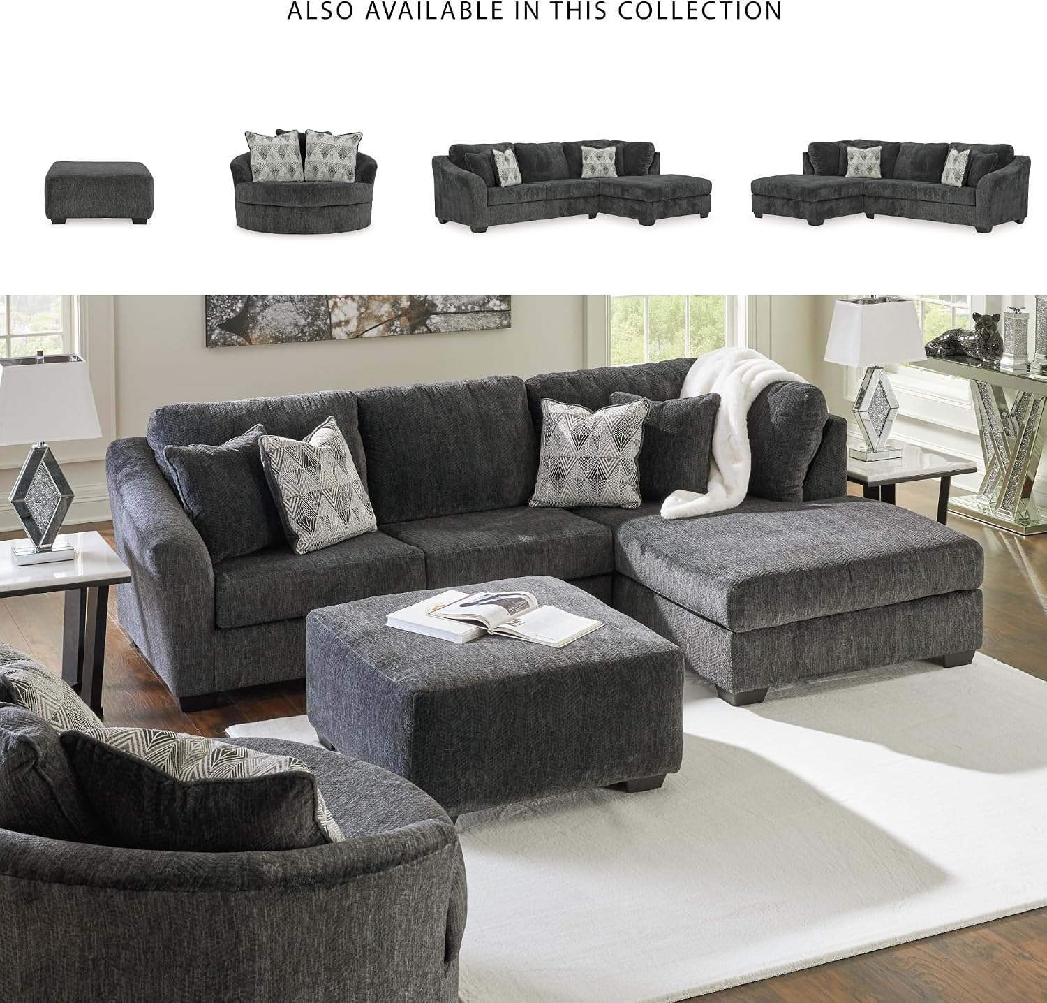 Signature Design by Ashley Biddeford Transitional Upholstered Oversized Swivel Accent Chair with 3 Accent Pillows, Black