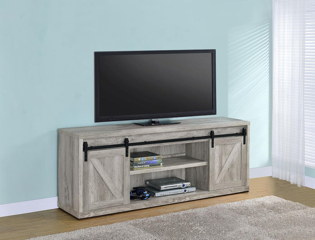 Coaster Home Furnishings - Brockton - Engineered Wood - 71-inch TV Stand with Sliding Barn Doors, Adjustable Shelf, and Driftwood Finish - Living Room - Gray - 723263