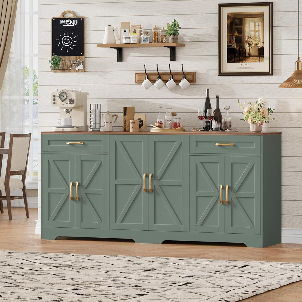 BOTLOG 71' Large Sideboard Buffet Cabinet with Storage, Farmhouse Kitchen Buffet Cabinet with Adjustable Shelves and 6 Barn Doors, Wood Coffee Wine Bar Console Table for Kitchen, Dining Room, Green