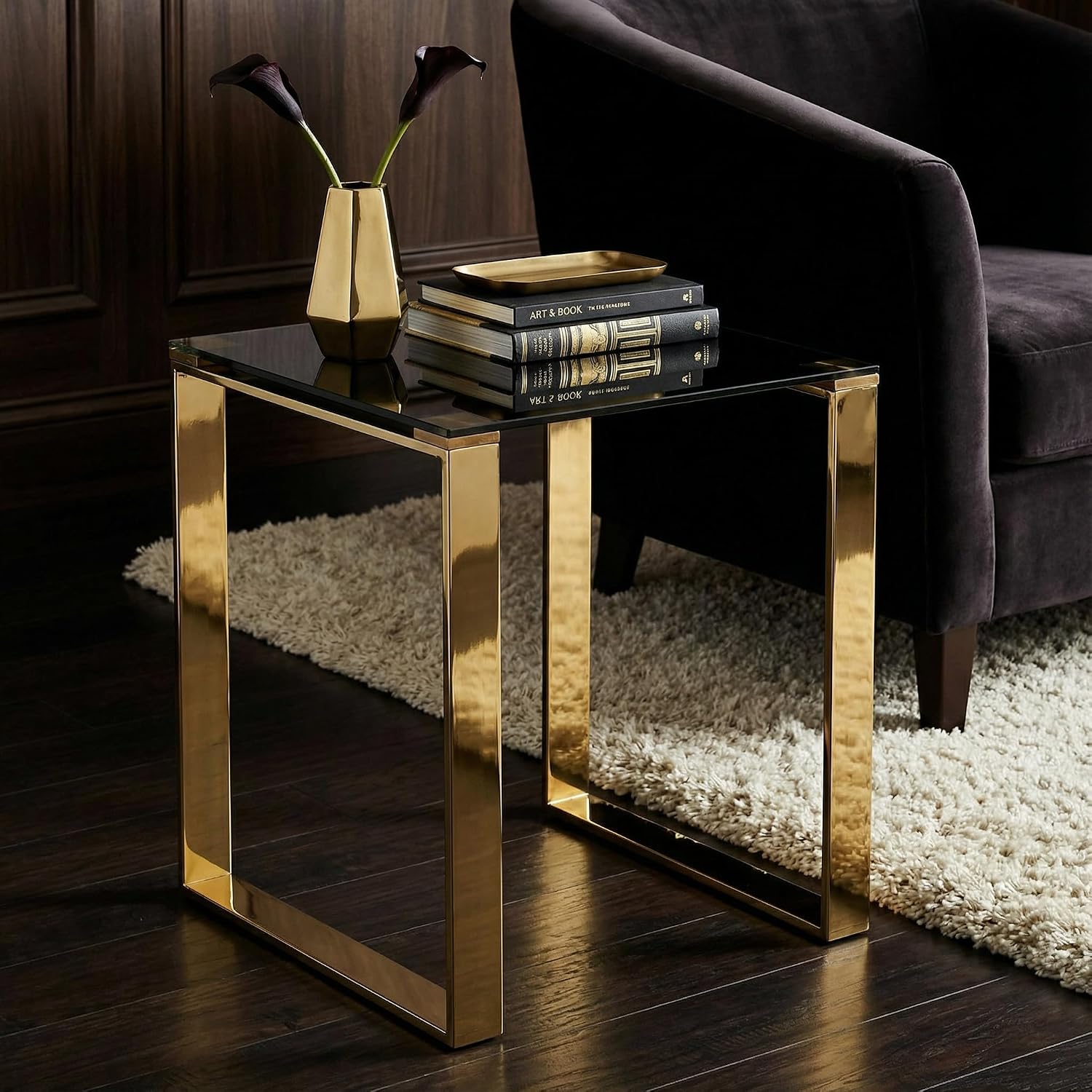 Cortesi Home CH-ET636045 Remini End Table, Gold Metal and Black Glass, End Table 18'