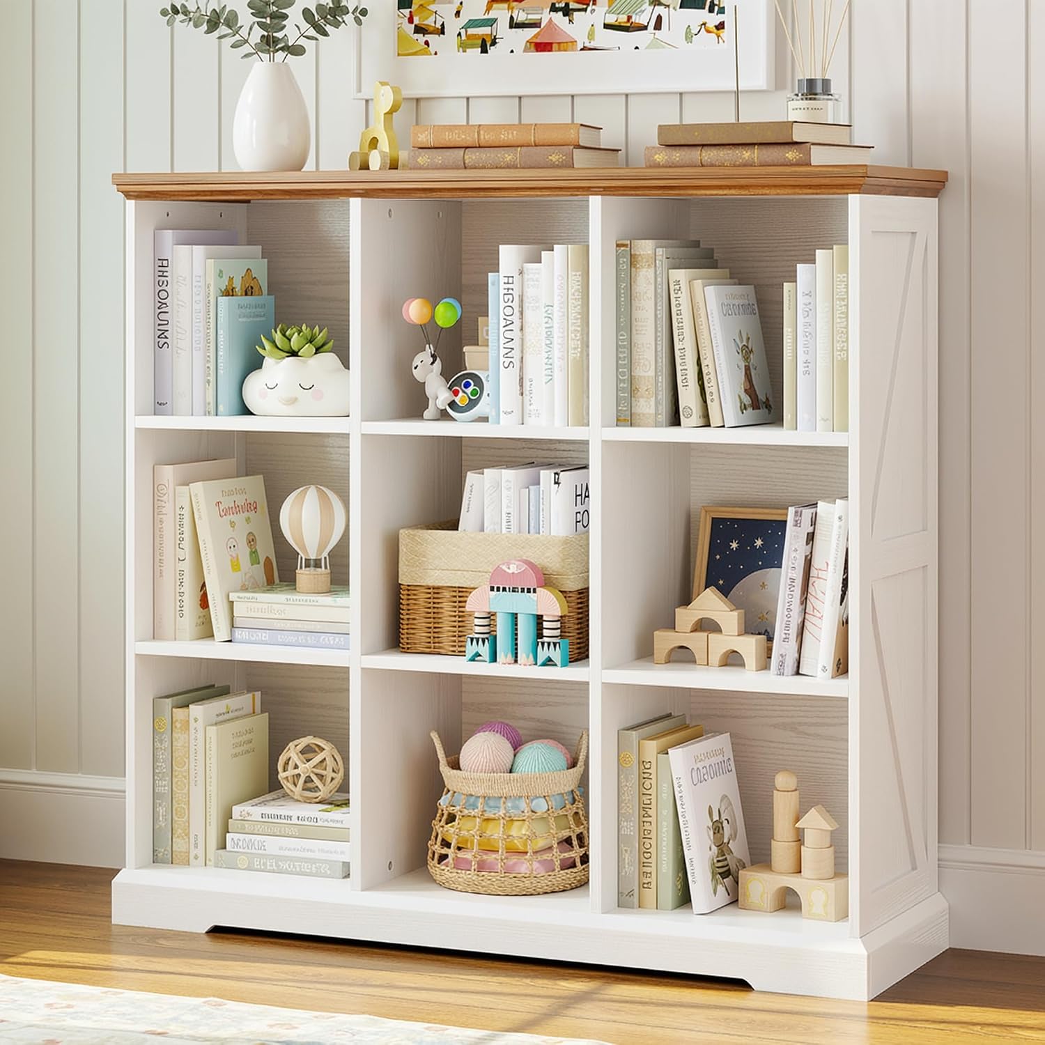 IRONCK Wooden 9 Cube Storage Organizer, Cube Shelf Organizer with Storage, Farmhouse Short Bookshelf for Bedroom, Living Room and Home Office, White