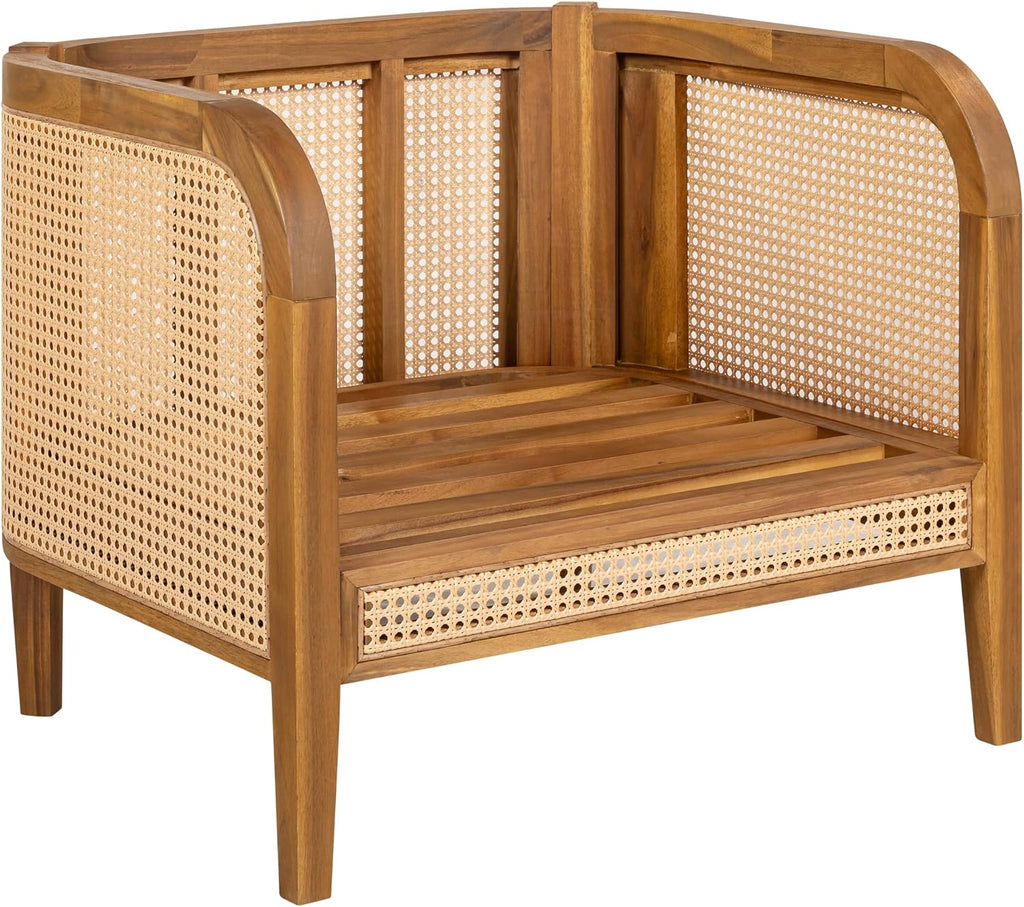 Christopher Knight Home Tilden Bohemian Acacia Wood Patio Accent Chairs, Wicker Lounge Chair Outdoor, Patio Furniture Single Sofa with Removable Cushion, Comfy Garden Reading Chair, Teak+Beige