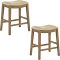 OSP Home Furnishings Metro Farmhouse Saddle Stool with Nailhead Trim, 2-Pack, 24-inch Counter Height, Medium Oak Frame with Camel Fabric