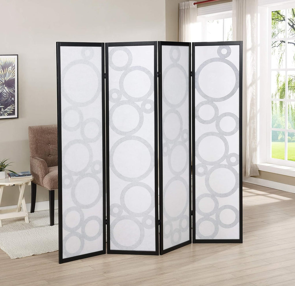 Roundhill Furniture Arvada 4-Panel Wood Room Divider with Circle Pattern, Black