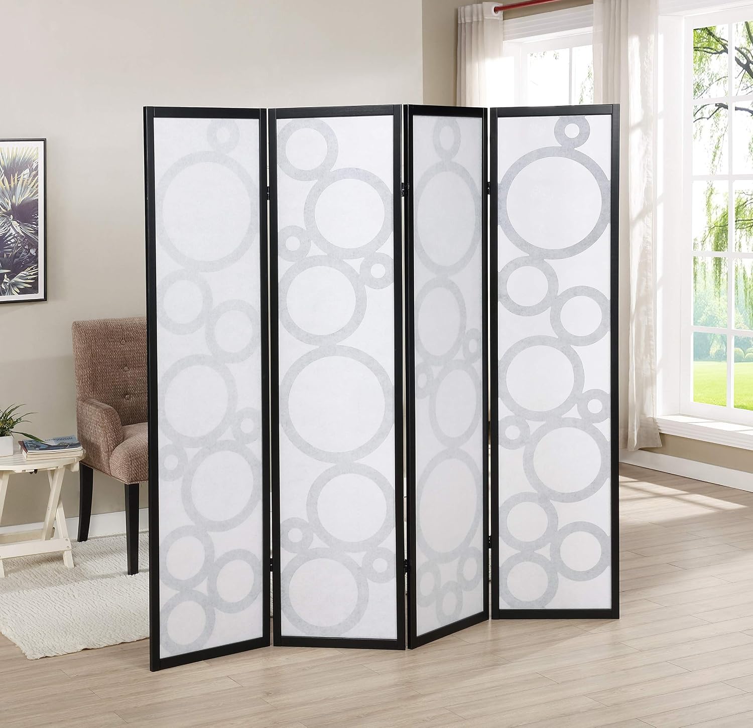 Roundhill Furniture Arvada 4-Panel Wood Room Divider with Circle Pattern, Black