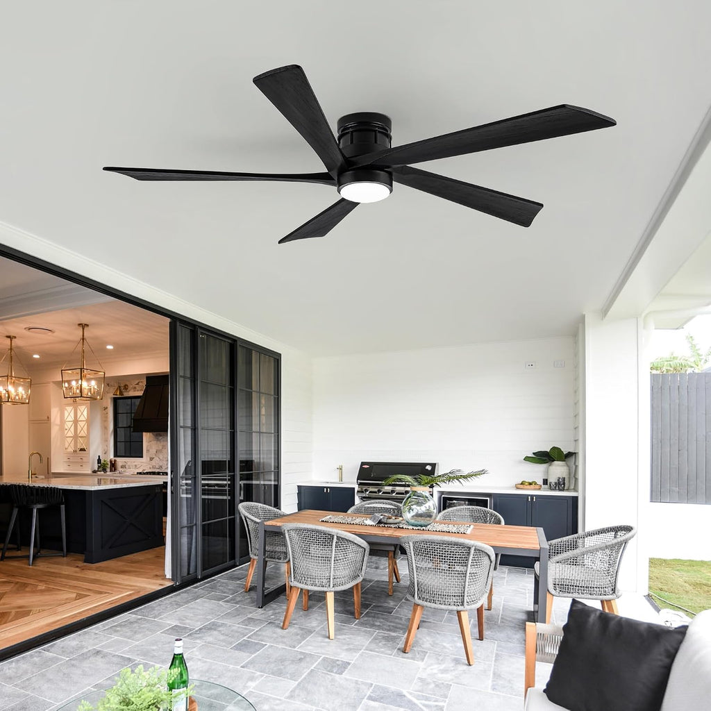EKIZNSN 54 Inch Outdoor Low Profile Flush Mount Ceiling Fans with Lights for Patios, 110V Noiseless Reversible DC Motor, 6-Gear Speed (Black Finish with Black Blades)