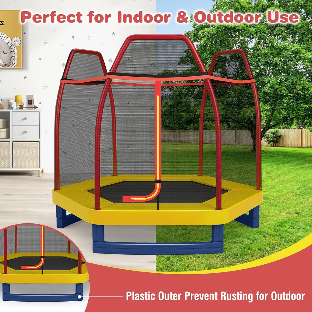 GYMAX Trampoline for Kids, 7FT Toddler Trampoline with Safety Enclosure Net & Seamless Spring Pad, Heavy Duty Small Indoor/Outdoor Trampoline for Boys, Girls Age 3+