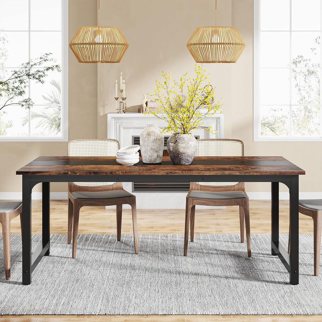 LITTLE TREE 70.9 Inch Large Dining Table Rectangular Kitchen Furniture for 6 to 8 People, Brown+Black