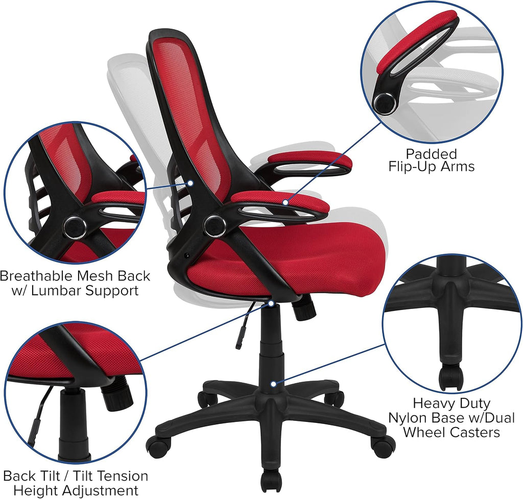 Flash Furniture Porter High Back Mesh Ergonomic Swivel Office Chair with Lumbar Support, Flip-Up Arms, Tilt Lock/Tilt Tension, Height Adjustable, Red/Black Frame