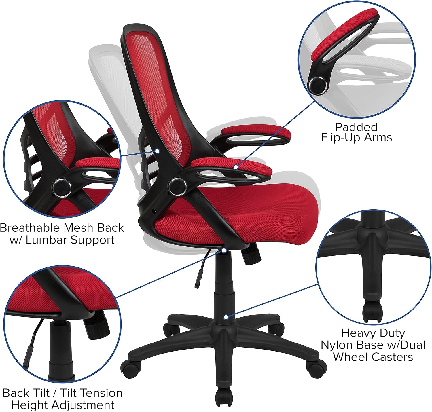 Flash Furniture Porter High Back Mesh Ergonomic Swivel Office Chair with Lumbar Support, Flip-Up Arms, Tilt Lock/Tilt Tension, Height Adjustable, Red/Black Frame