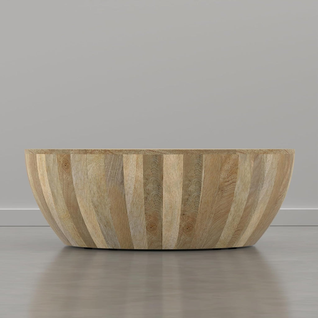 SIMPLIHOME Elmbrook Coffee Table - 34 inch Wide Solid Mango Wood Modern Industrial Round Drum Cocktail Table in Natural Blonde, Sculptural Living Room Table with Low Profile Design, Assembled