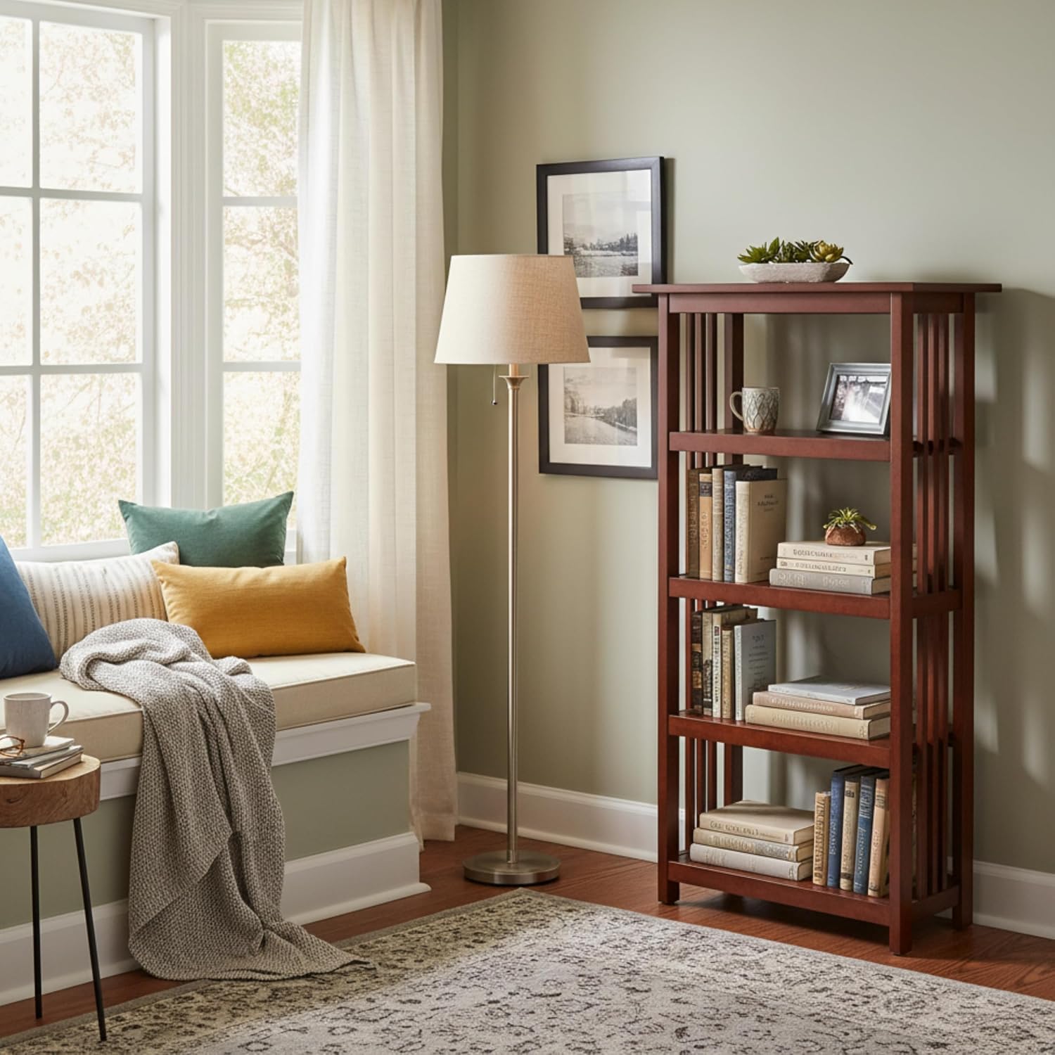 Alaterre Furniture Mission 4-Tier Bookcases with Adjustable Shelves – Mid-century Modern 48-Inch Wood Bookshelf for Living Room, Bedroom or Home Office (Cherry)