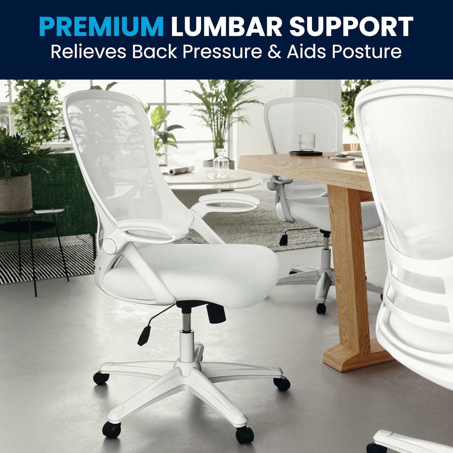 Flash Furniture Porter High-Back Swivel Office Chair with Adjustable Lumbar Support and Height, Ergonomic Mesh Desk Chair with Flip-Up Armrests, White
