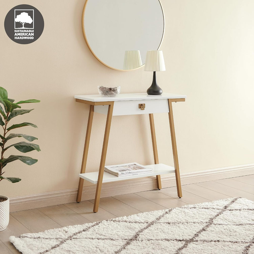 Leick Home 214346 Empiria Wood Console Table with Drawer and Metal Frame for Living Room Entryway Bedroom, White