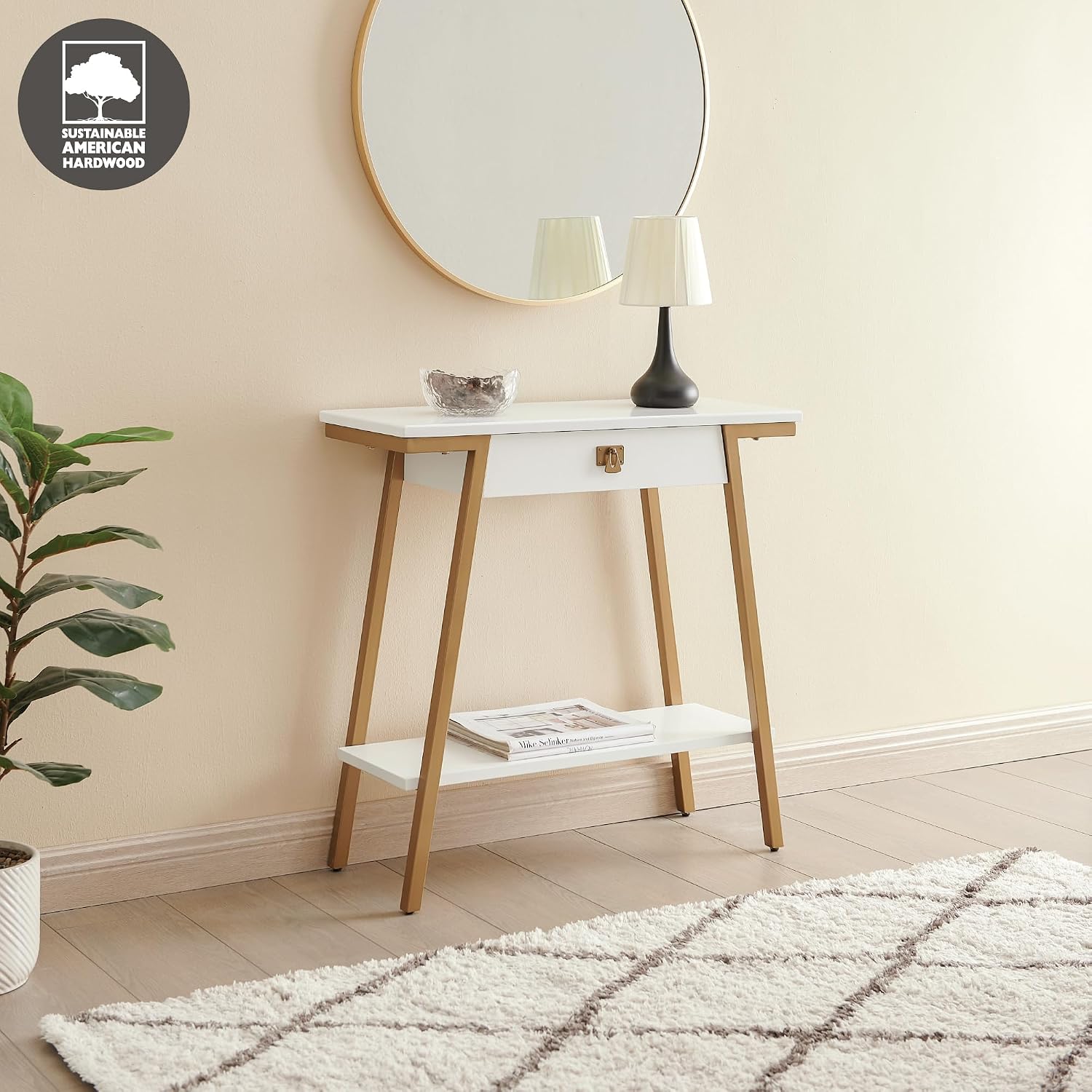 Leick Home 214346 Empiria Wood Console Table with Drawer and Metal Frame for Living Room Entryway Bedroom, White