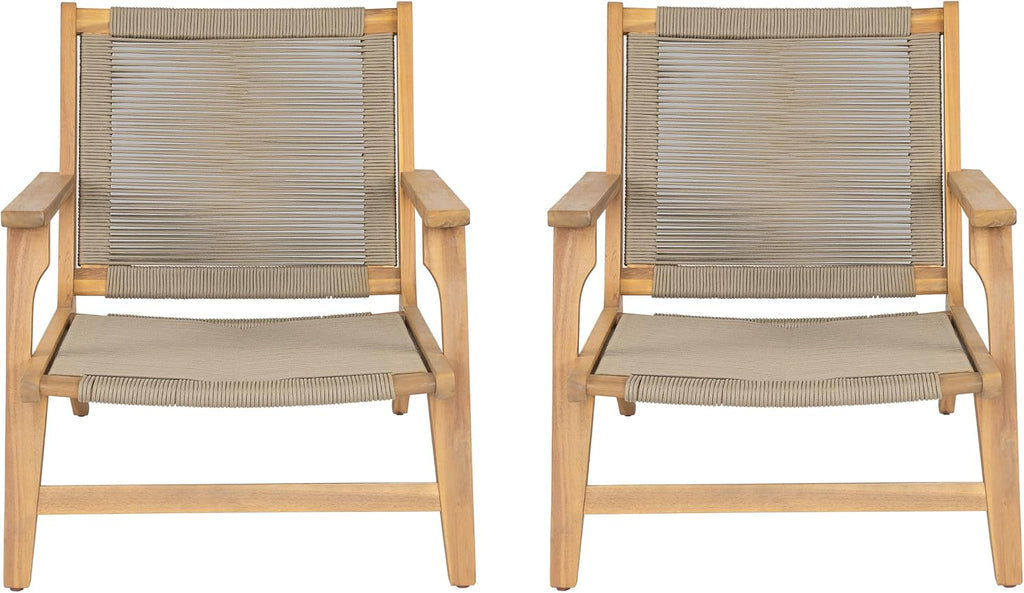 Christopher Knight Home Veera Patio Chair Set of 2 with Acacia Wood Frame and Handwoven Rope, Outdoor Lounge Chair, Stylish Outdoor Accent Chair for Garden/Deck/Backyard, Beige + Light Teak