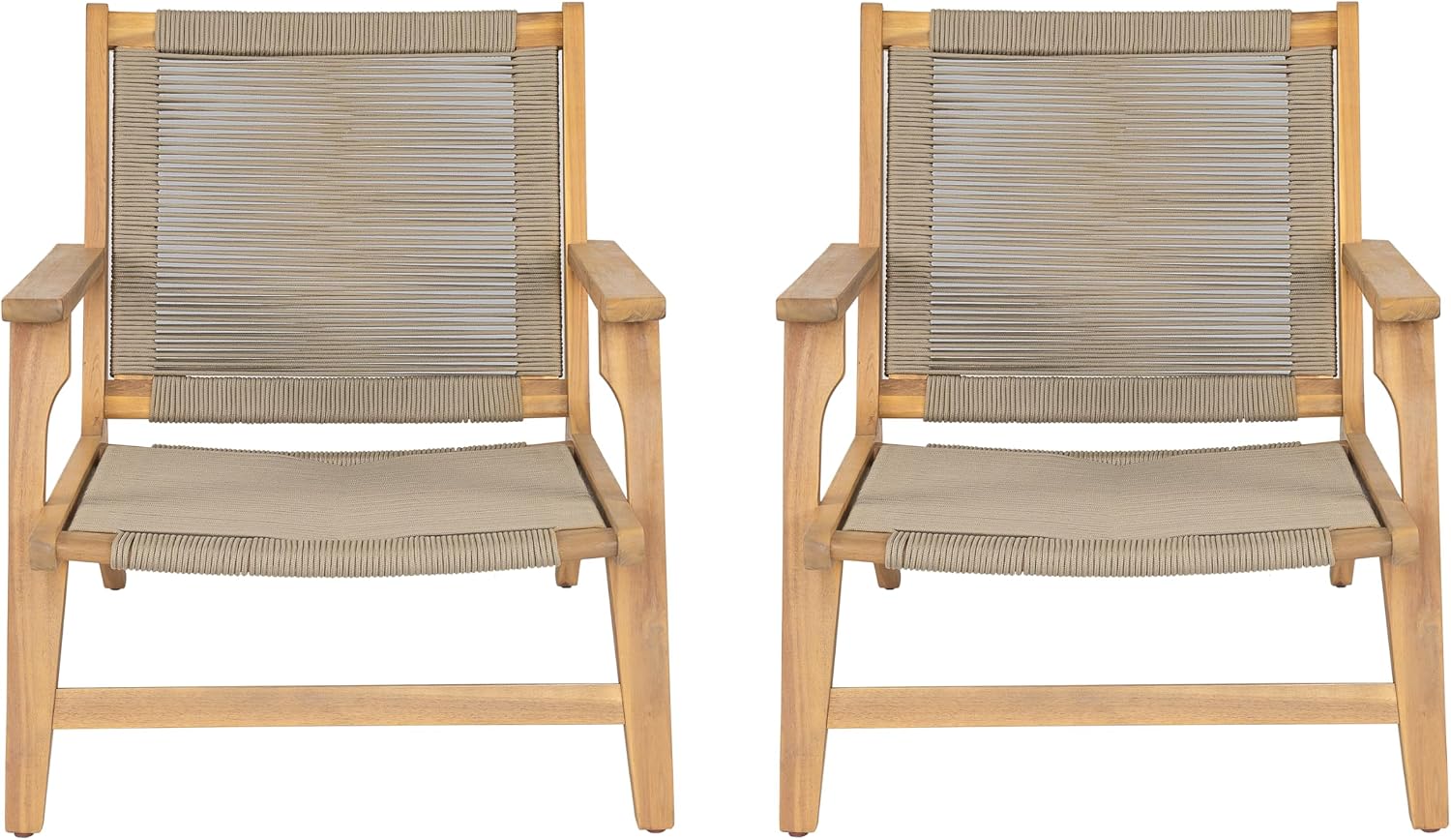 Christopher Knight Home Veera Patio Chair Set of 2 with Acacia Wood Frame and Handwoven Rope, Outdoor Lounge Chair, Stylish Outdoor Accent Chair for Garden/Deck/Backyard, Beige + Light Teak