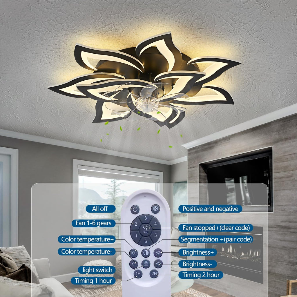 Dalouguan Modern Ceiling Fan with Lights Remote Control, 32' Black Ceiling Fan with Light, 6 Speeds 3 Light Color Low Profile Flush Mount Ceiling Fan for Kitchen Bedroom