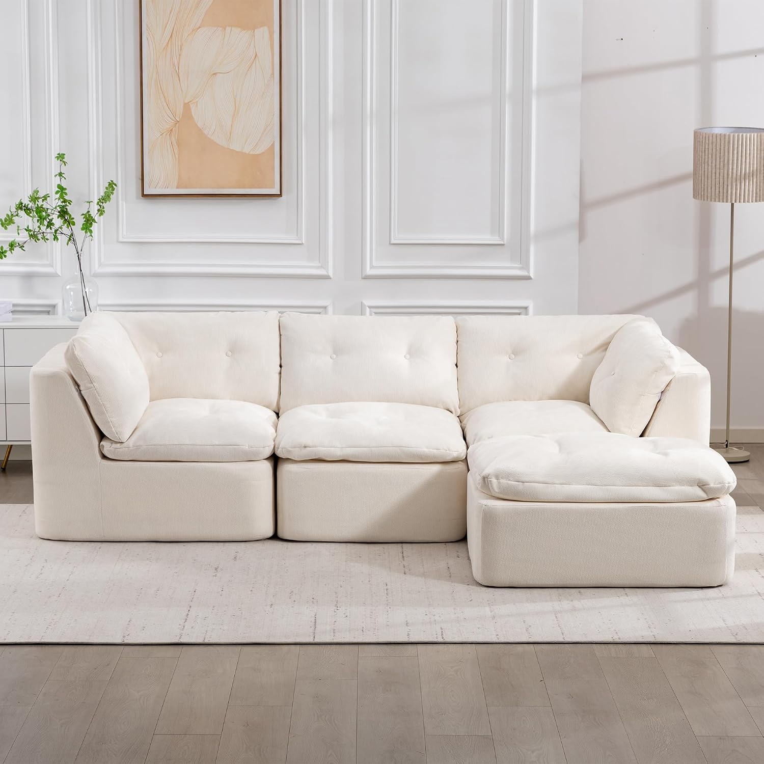 Tufted Cushions Cloud Sectional Boneless Sectional Sofa with Movable Ottoman, 112' Oversized Modular Convertible L Shaped Corner Couch with Deep Seat,Memory Foam Compressed Sofa