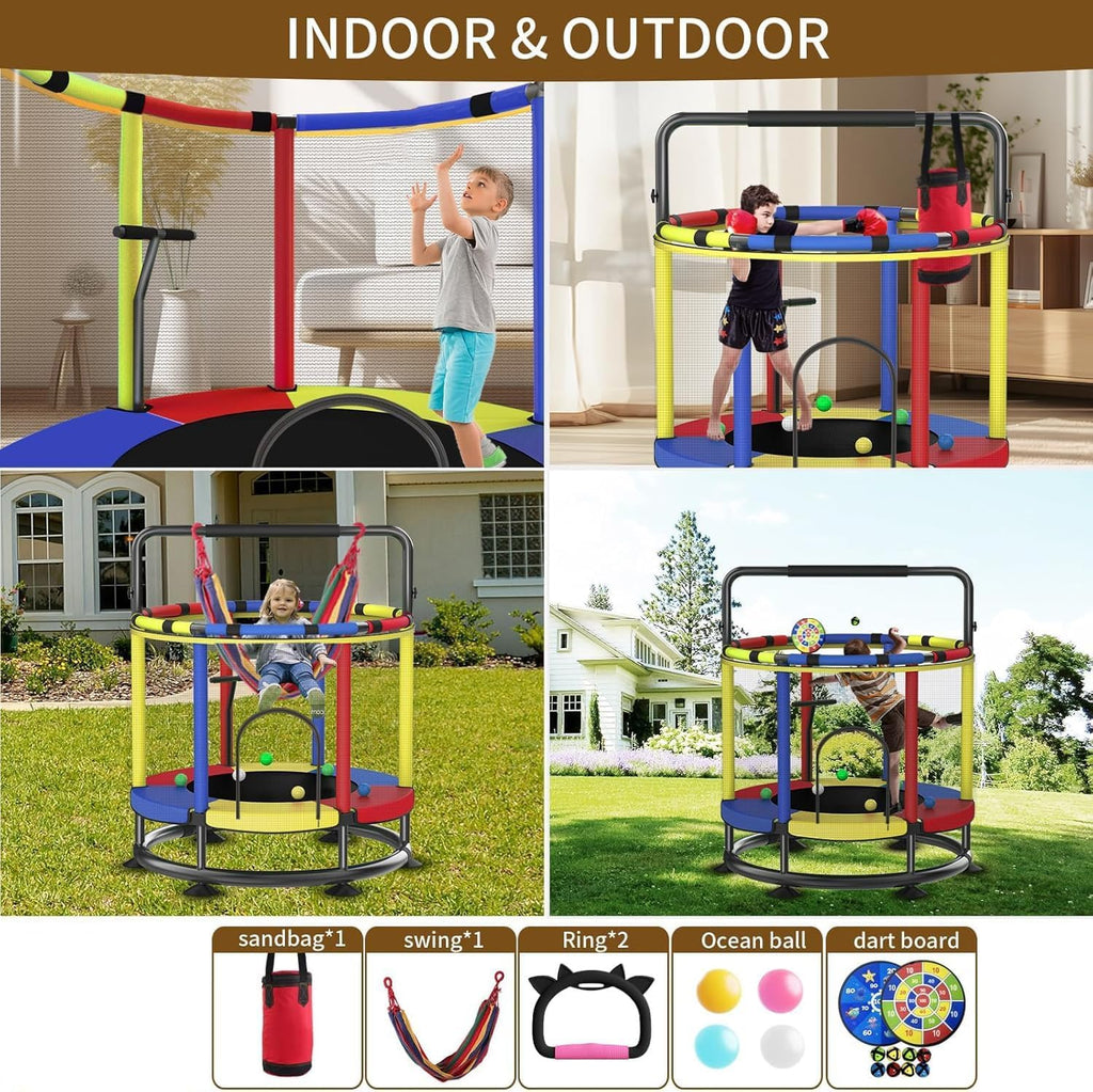 Trampoline for Kids, Full Anti-Rust 440lbs Anti-Rollover Round Bottom Toddler Trampoline, T-handrail Adjustable Baby Toddler Trampolines Dart Board