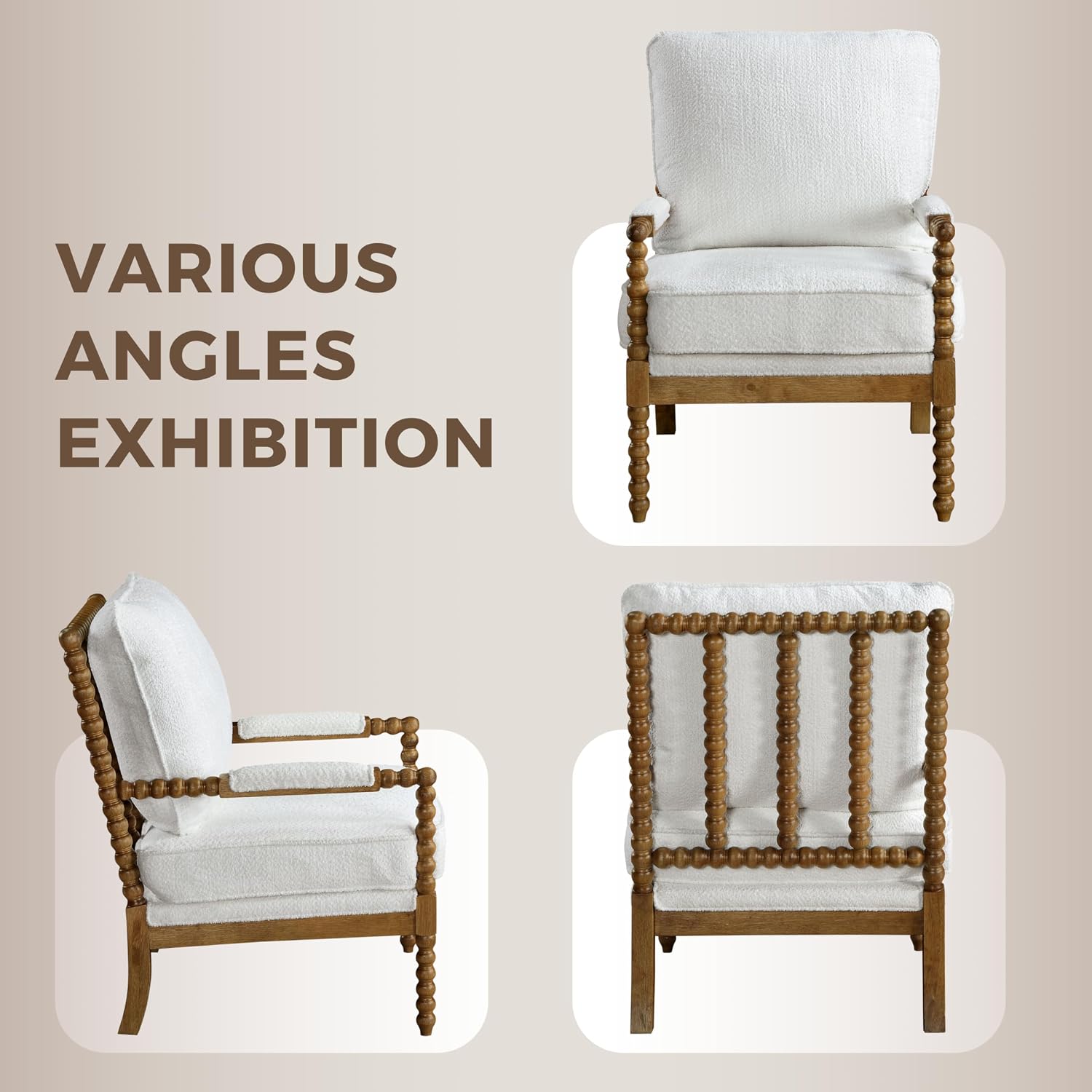 Furniture of America Dedee Mid Century Modern Boucle Fabric Accent Chair with Arms, Wide Spindle and Solidwood Legs for Living Room, Bedroom, Reading Corner, Home Office, Light Oak and White