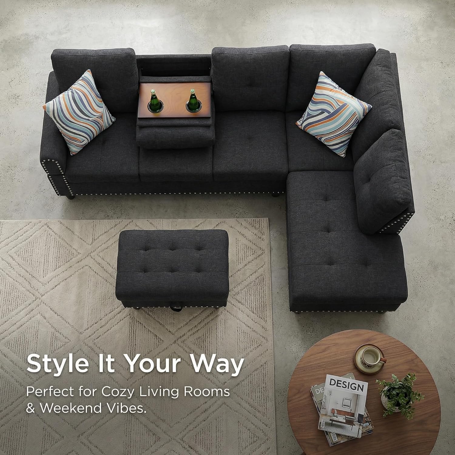 97.5' L Shaped Couch Set, Modular Sectional Couches for Living Room with Storage Ottoman, 4 Seat Home Sofa Living Room Furniture Sets with Chaise for Apartment Office (Linen, Dark Grey)