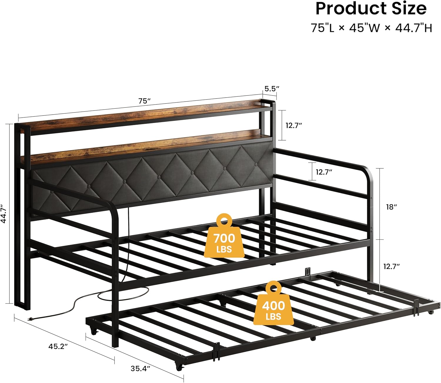 LIKIMIO Twin Daybed with Trundle, 700lbs Capacity, LED Lights & Charging Station, Twin Bed Frame with Storage, Convertible Sofa Bed for Bedroom, Living Room, Black