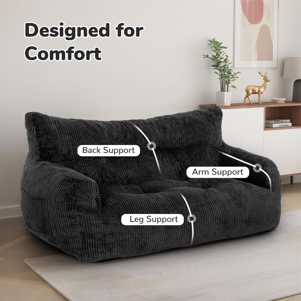 59' Bean Bag Chair,2 Seat Loveseat Sofa,Corduroy Lazy Sofa Bed for Adults,Fit Living Room, Bedroom,Outdoor Spaces,Ultra Soft Dutch Velvet,Fluffy Comfort Cover,Black