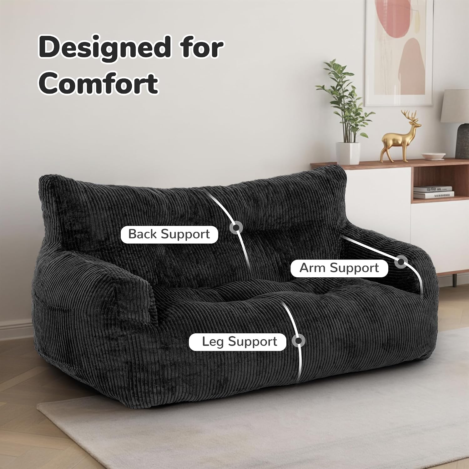 59' Bean Bag Chair,2 Seat Loveseat Sofa,Corduroy Lazy Sofa Bed for Adults,Fit Living Room, Bedroom,Outdoor Spaces,Ultra Soft Dutch Velvet,Fluffy Comfort Cover,Black