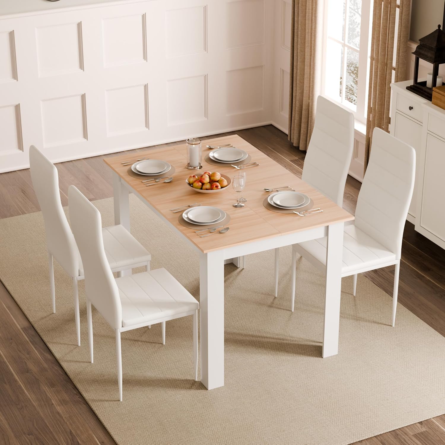Mondeer Dining Table and Chairs Set 4, 5 Pieces Kitchen Table Set with High Back Faux Leather Chair for Dining Room Kitchen Rectangular Modern (Oak Table and 4 White Chairs)