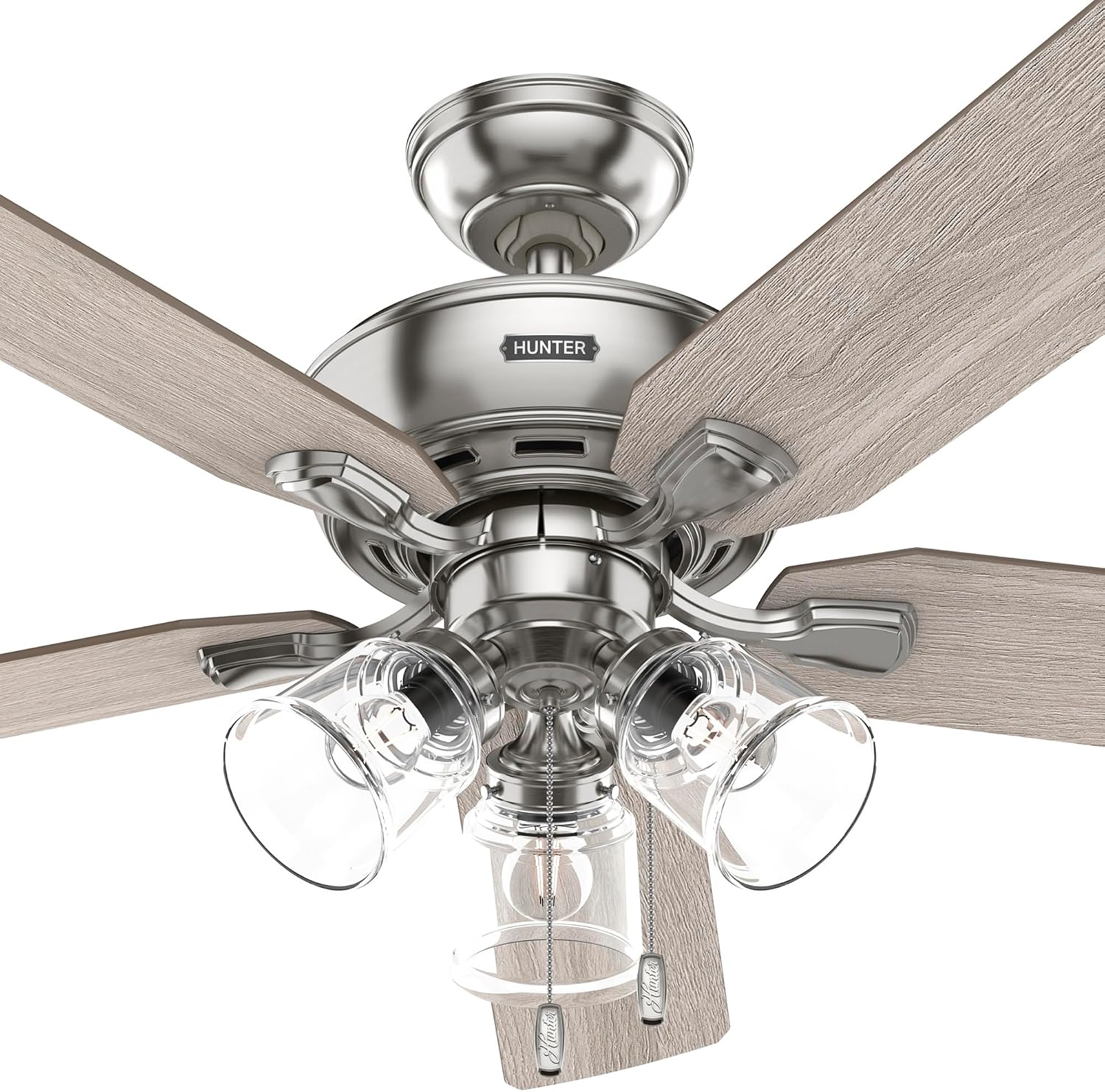 Hunter 52 inch Indoor Ceiling Fan with LED Lights and Pull Chain - Standard Mount Ceiling Fan, 5 Blades, For Bedroom, Living Room, or Kitchen, 3 inch Downrod - Rosner 51596, Brushed Nickel