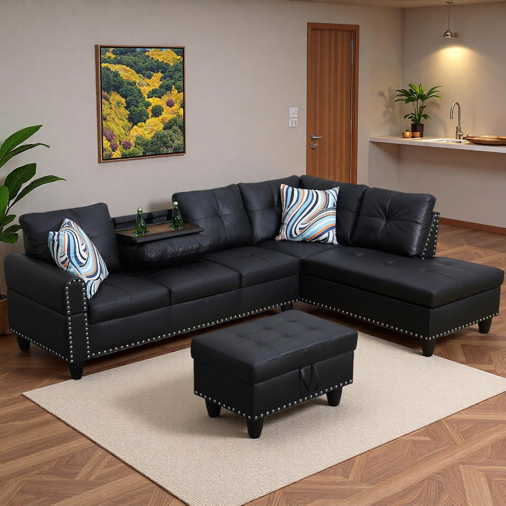 Sectional Couches for Living Room with Movable Chaise & Storage Ottoman - 97.5' Leather L Shaped Couches for Living Room Apartment, Home Modular Sectional Sofas with Cup Holder, Black