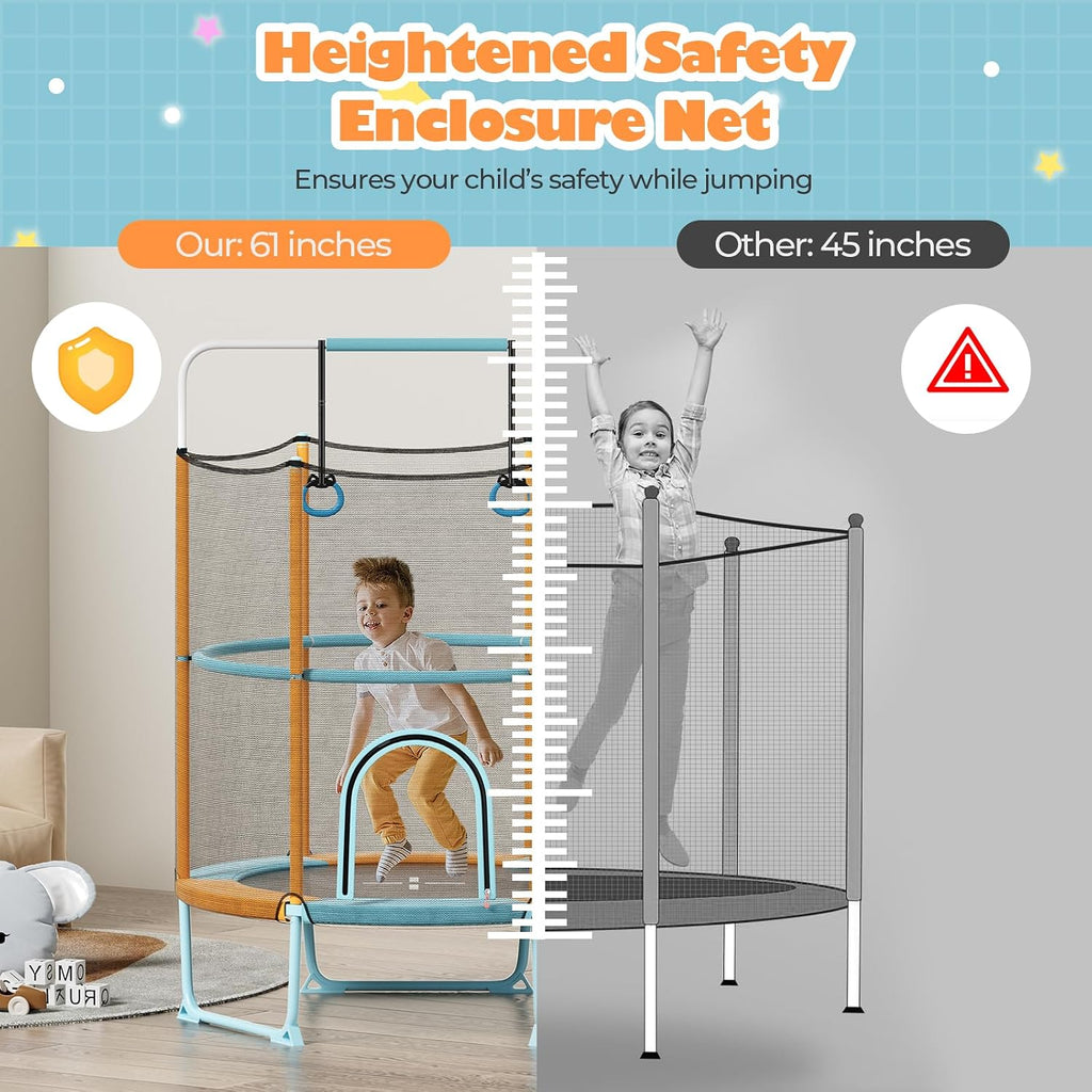 Goplus 60'' Trampoline for Kids, 3-in-1 Toddler Trampoline with Gymnastic Bar, Swinging Rings, Heightened Safety Enclosure Net, 5 FT Indoor Outdoor Recreational Rebounder for Boys Girls