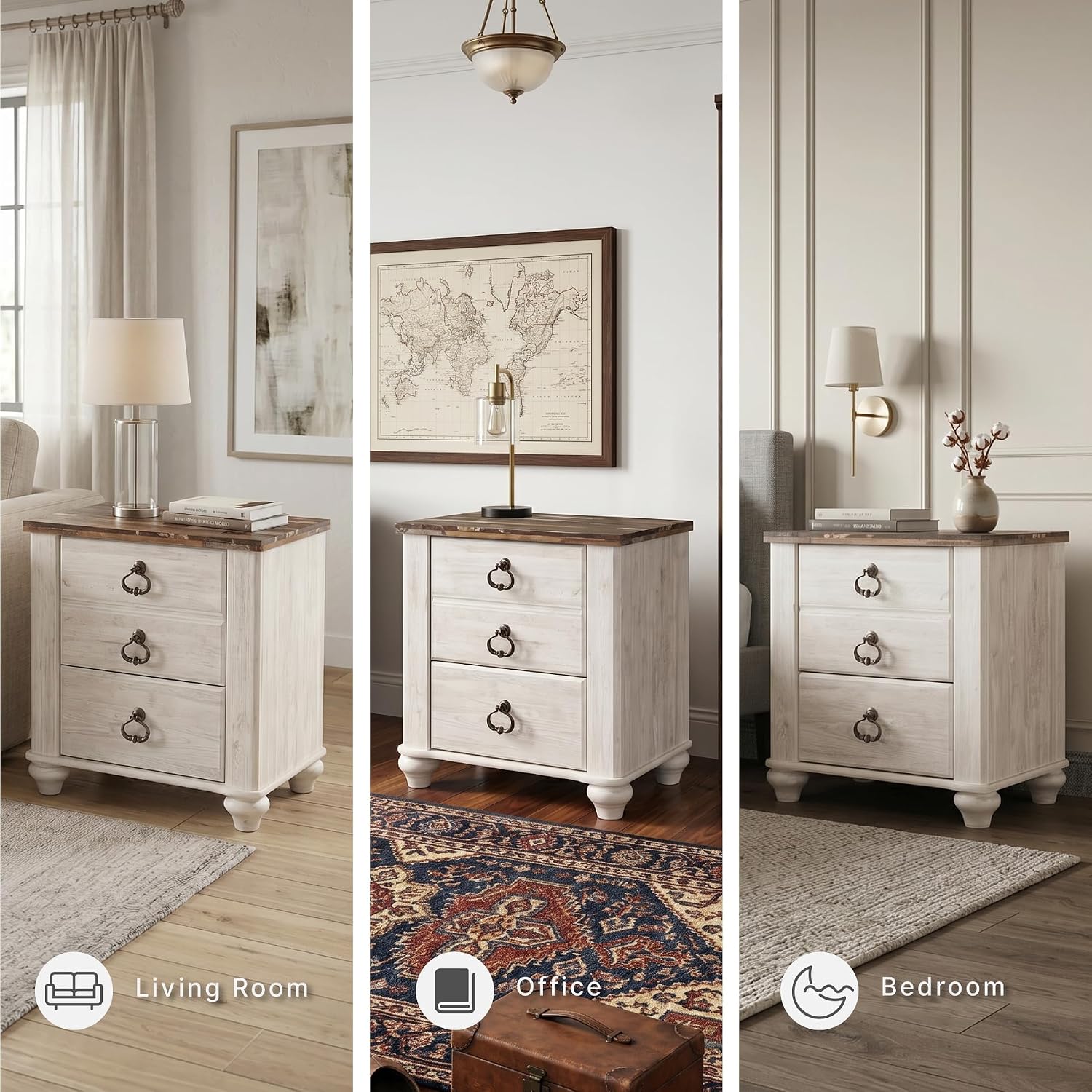 Signature Design by Ashley Willowton Farmhouse 2 Drawer Nightstand with USB Charging Ports, 25.67' Tall, Whitewash