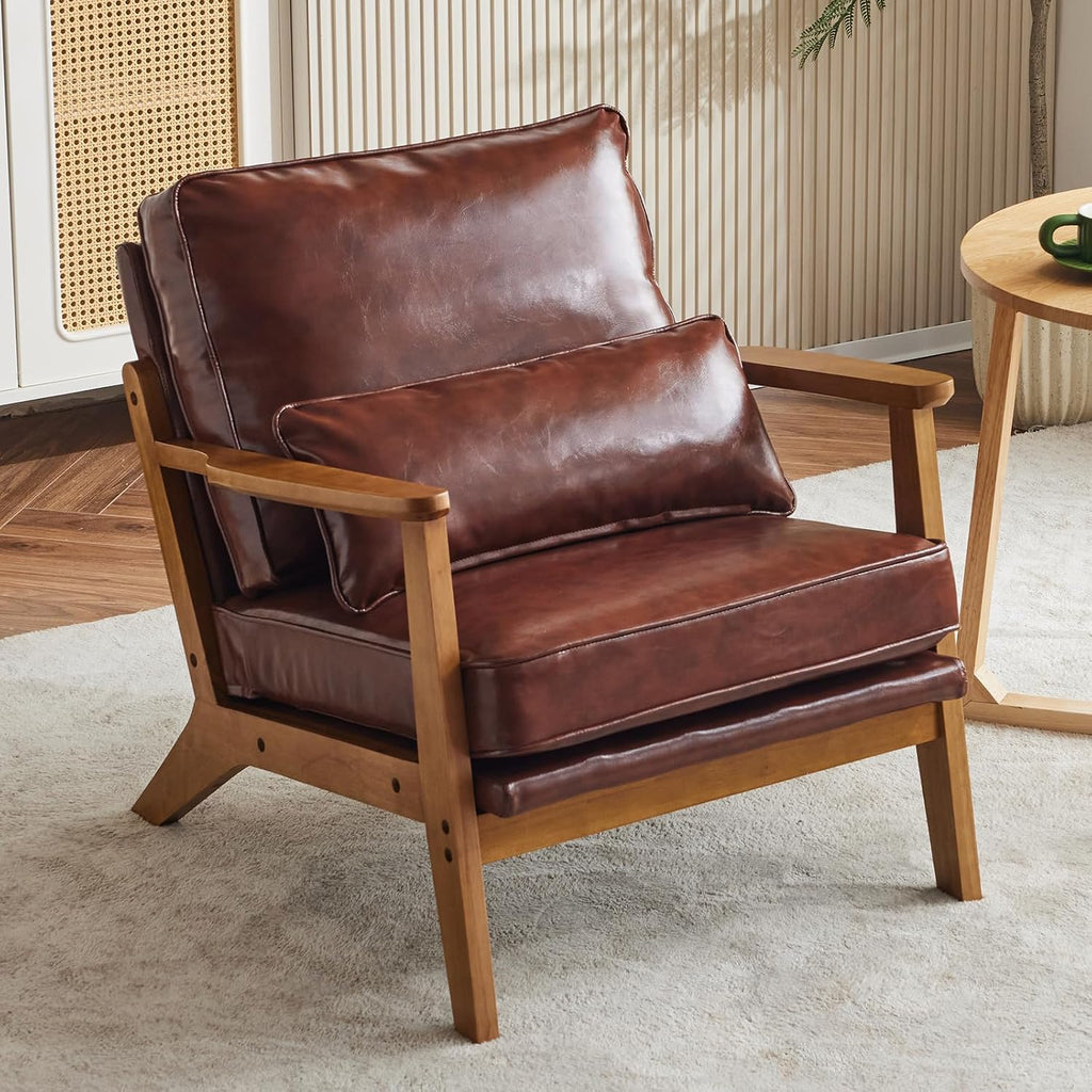 Karl home Accent Chair Wide Armrest Mid-Century Lounge Chair PU Leather Armchair with Lumbar Pillow & Solid Wood Frame for Living Room, Bedroom, Balcony, Red-Brown