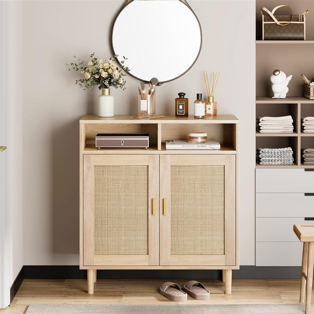 IDEALHOUSE Sideboard Buffet Storage Cabinet, Rattan Kitchen Cabinet with 2 Doors/Shelf, Accent Modern Dining Living Room Entry Hallway Coffee Bar Furniture for Home Decor,36''H