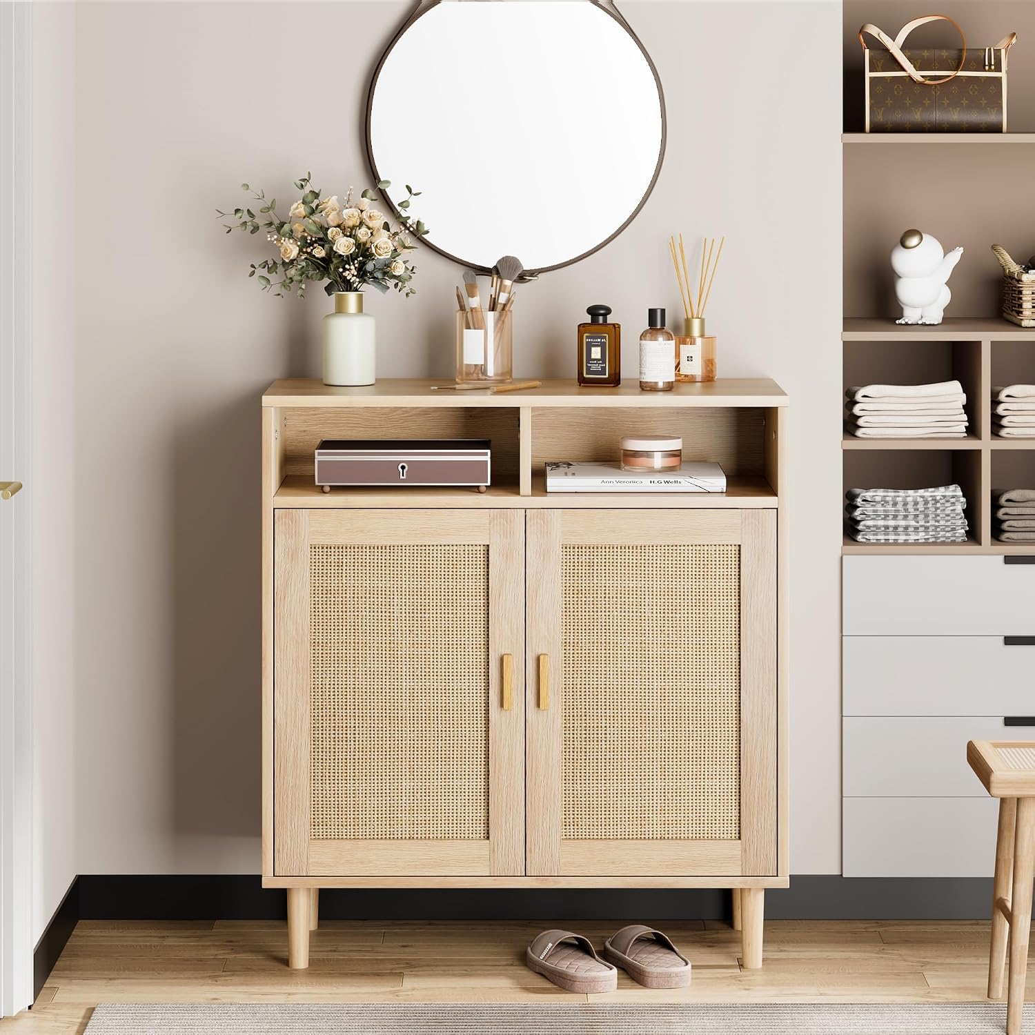 IDEALHOUSE Sideboard Buffet Storage Cabinet, Rattan Kitchen Cabinet with 2 Doors/Shelf, Accent Modern Dining Living Room Entry Hallway Coffee Bar Furniture for Home Decor,36''H
