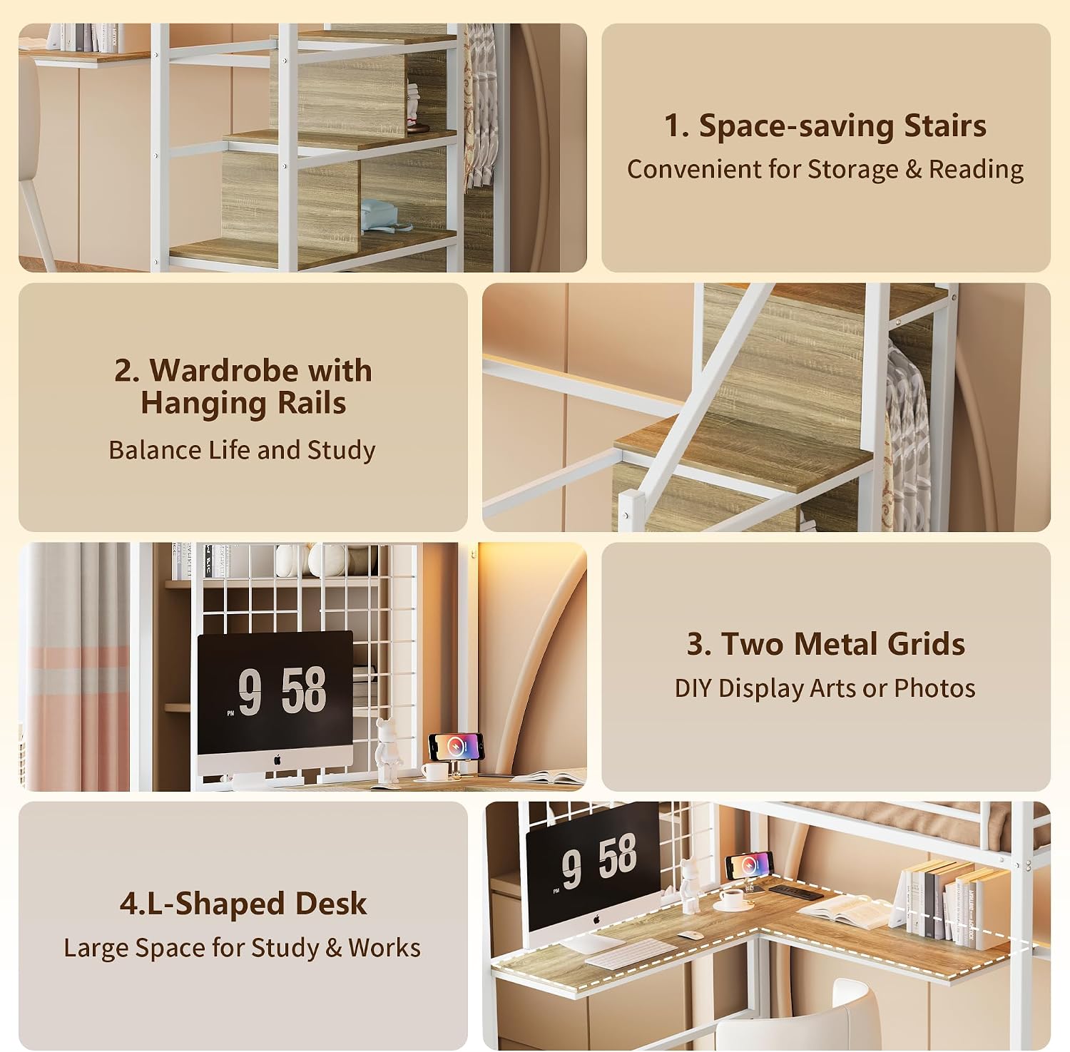 Twin Size Metal Loft Bed with L-Shaped Desk & Storage Wardrobe, Heavy Duty Bed Frame w/Reversible Stairs (Built-in Storage) + USB Port, Space-Saving Noise-Free, No Box Spring Needed