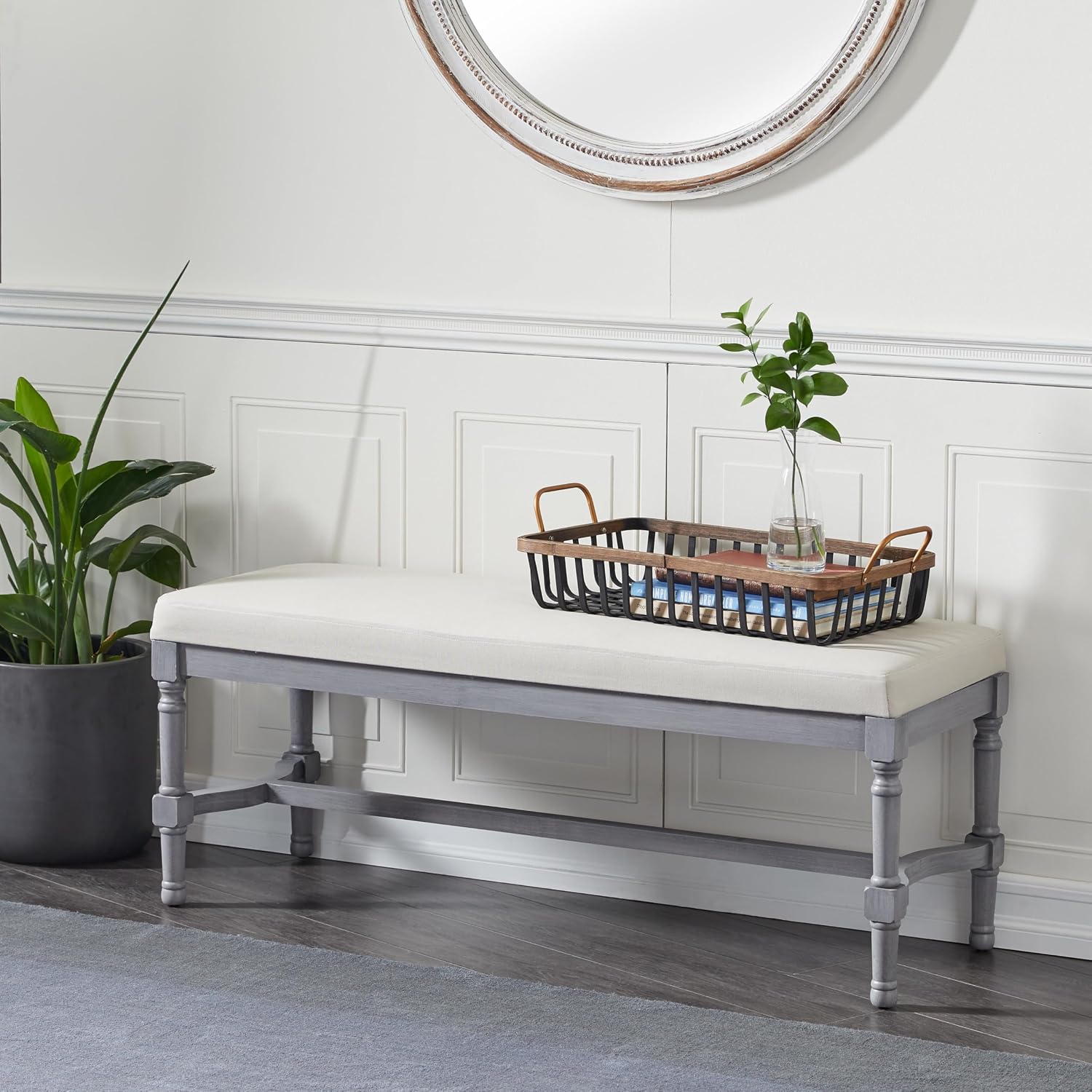 Deco 79 Wood Home Bench Entryway Bench with Burlap Seat, Bedroom Bench 47' x 16' x 18', Gray