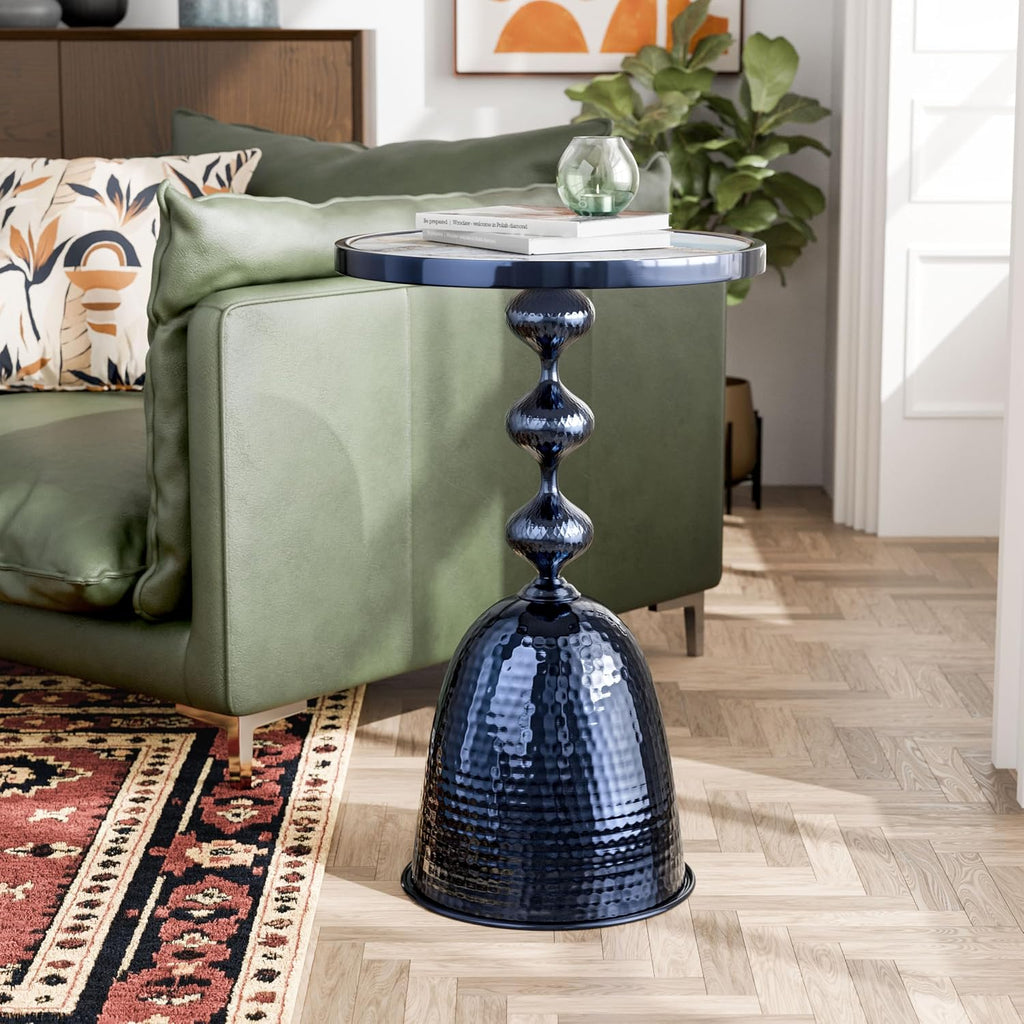Homes: Inside + Out Halric Modern 25' Tall Round End Table with Decorated Tabletop and Iron Metal Base, Accent Furniture, Elegant Pedestal Stand for Living Room, Home Office, Chrome Blue