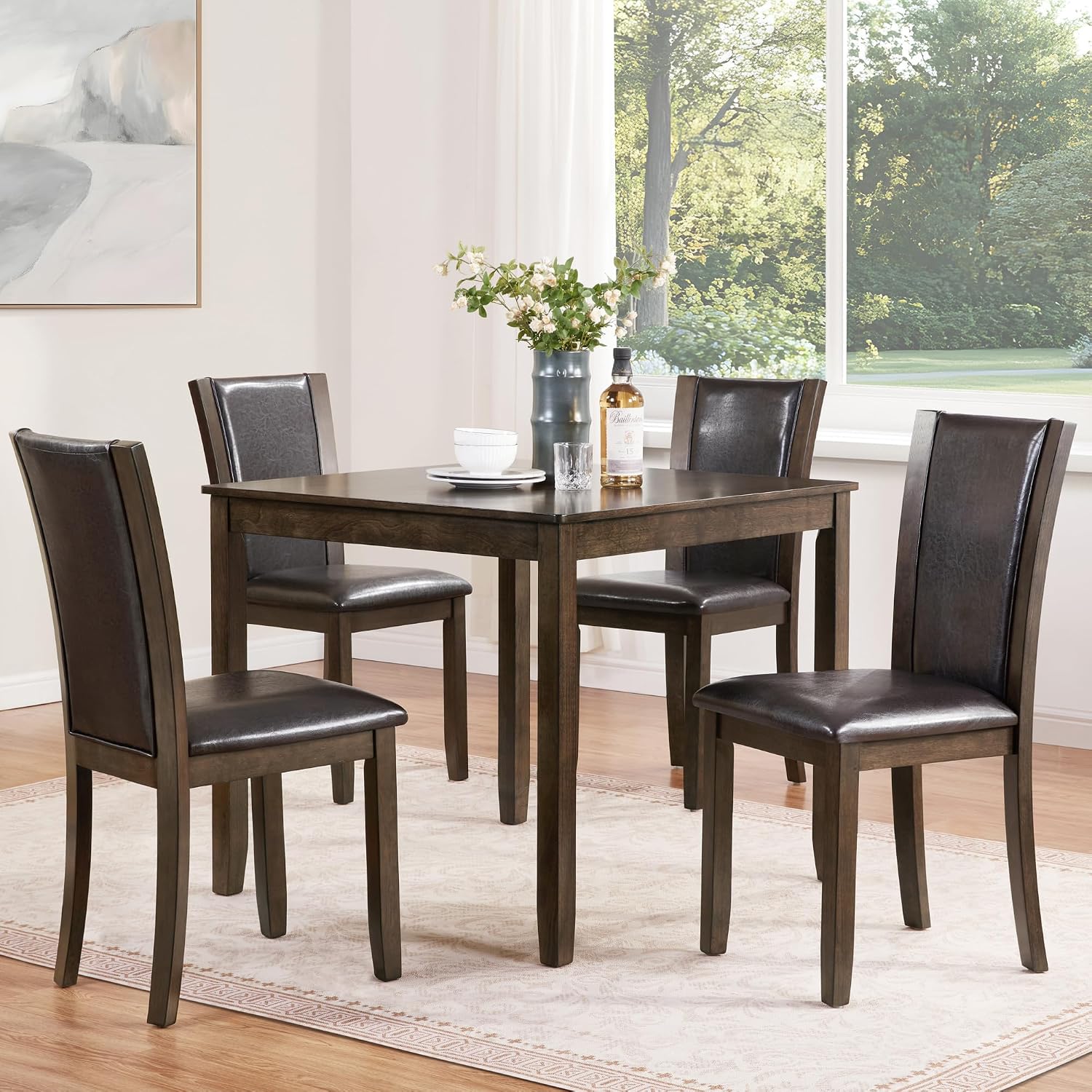 5-Piece Dining Table Set for 4, Kitchen Dining Table with 4 Soft Cushioned Solid Wood Chairs, Ideal for Home or Restaurant Use.(Dark Walnut_Small)