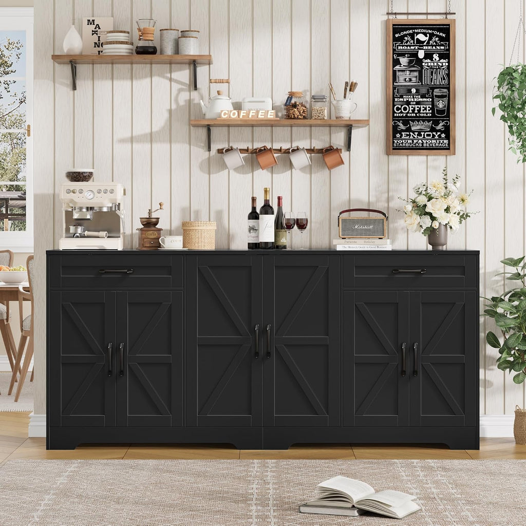 BOTLOG 71' Large Sideboard Buffet Cabinet with Storage, Farmhouse Kitchen Buffet Cabinet with Adjustable Shelves and 6 Barn Doors, Wood Coffee Wine Bar Console Table for Kitchen, Dining Room, Black