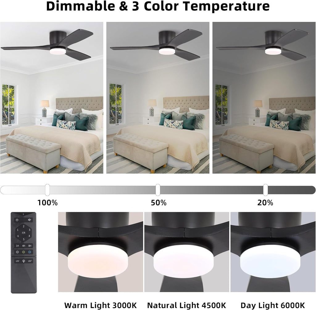 WINGBO 48 Inch Flush Mount DC Ceiling Fan, 3CCT Dimmable Light, 3 Carved Wood Blades, 6-Speed Noiseless Reversible DC Motor, Hugger Low Profile Fan, Matte Black Finish with Black Blades, ETL Listed