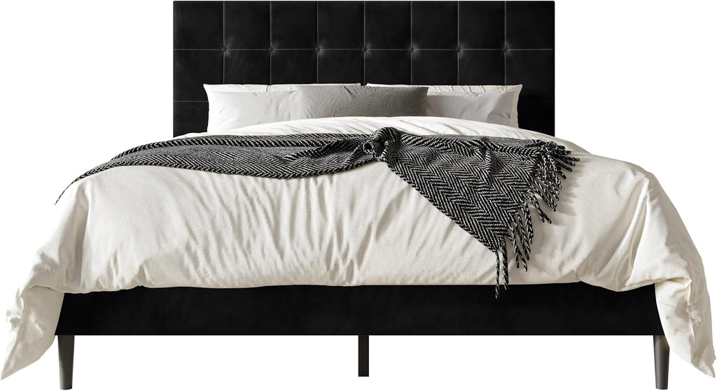 HOME DESIGN Marion Queen Tufted Upholstered Platform Bed with Grid-Tufted Tall Headboard & Wooden Slat Support, Modern Bedroom Furniture, Black