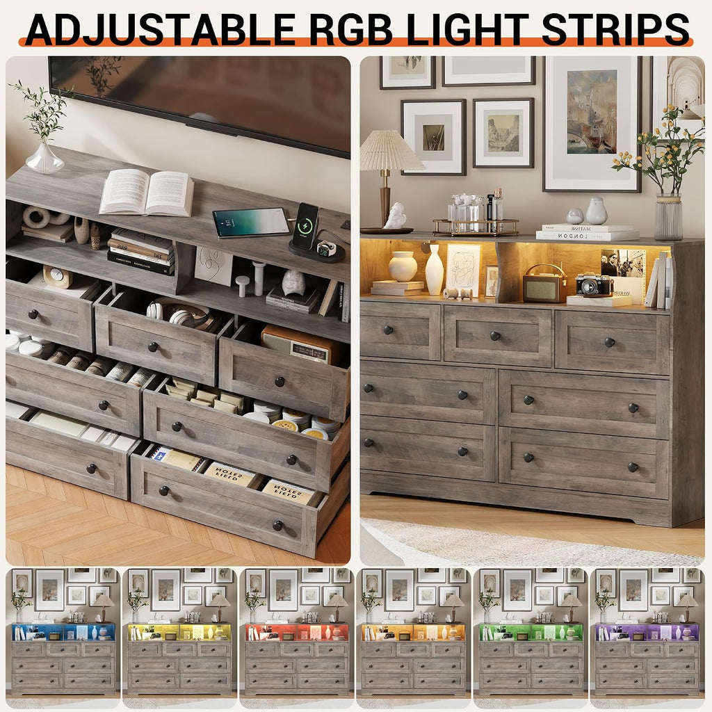 IDEALHOUSE Dresser for Bedroom with 7 Drawers, LED Lights & Charging Station, Wooden Chest with 2 Open Compartments, Freestanding Storage Organizer for Closet, Nursery, Entryway, Light Brown