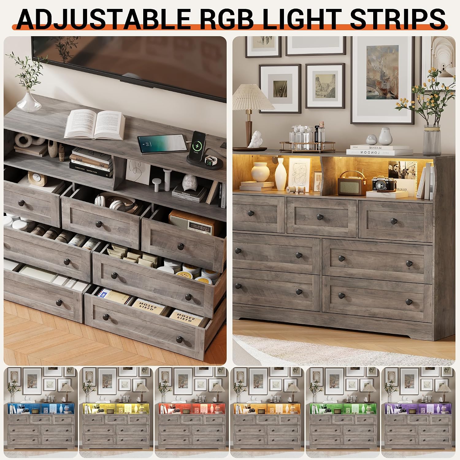 IDEALHOUSE Dresser for Bedroom with 7 Drawers, LED Lights & Charging Station, Wooden Chest with 2 Open Compartments, Freestanding Storage Organizer for Closet, Nursery, Entryway, Light Brown