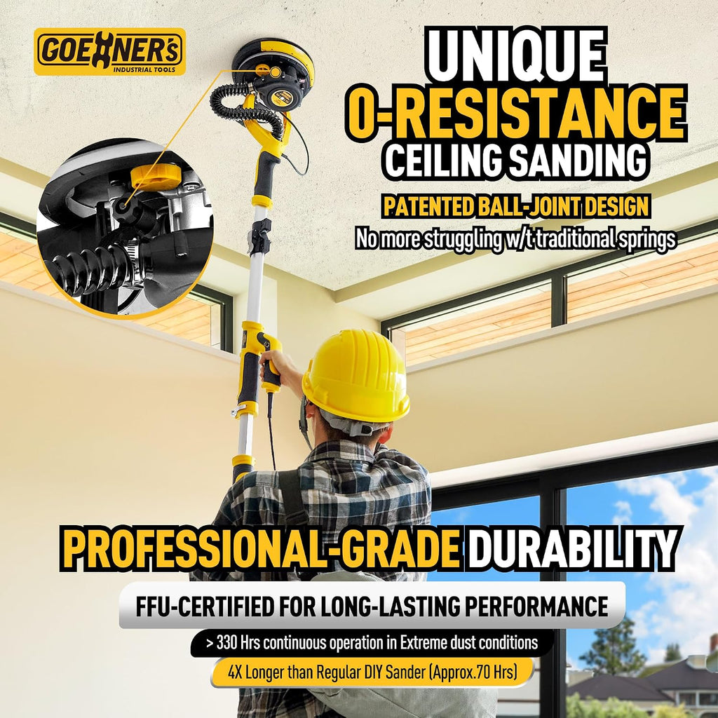 Drywall Sander, 6.5-amp Powerful Electric Drywall Sander with Vacuum, Anto Dust Removal, 7 Variable Speed, 900-1800RPM, Dustless Floor Sander with 26' Power Cord for Popcorn Ceiling