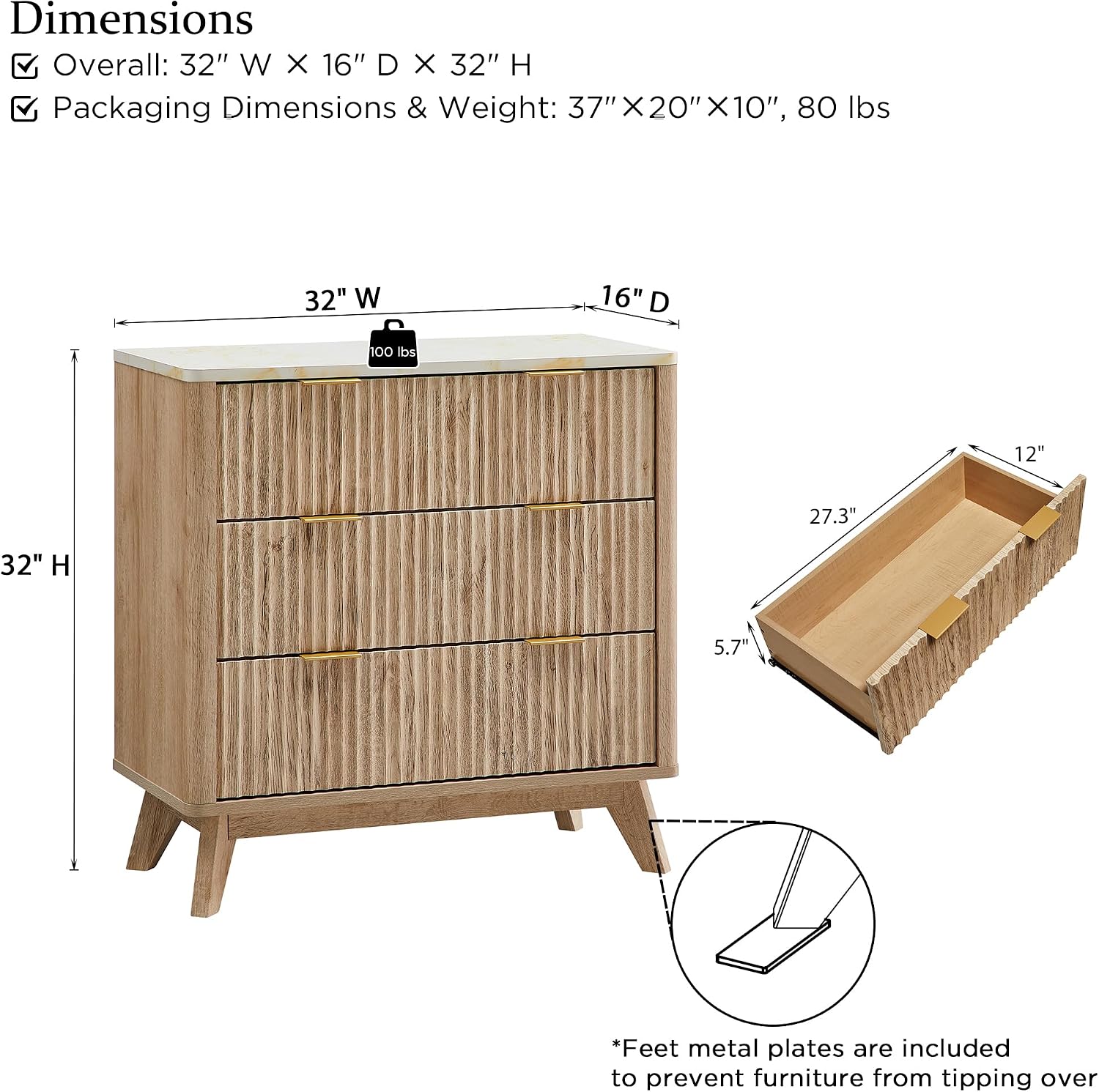 T4TREAM Fluted 3 Drawer Dresser, 32' Tall Modern Chest of Drawers with Faux Marble Top, Curved Profile Design, Wood Drawer Organizer for Bedroom, Living Room, Hallway, Entryway, Natural Oak